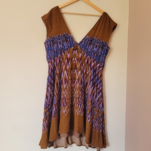 Free People Theodora Printed Boho Babydoll Dress Brown And Purple Size Large - Picture 2 of 9